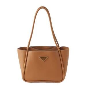 Prada Triangle Logo Soft Grain Leather Tote Bag Camel